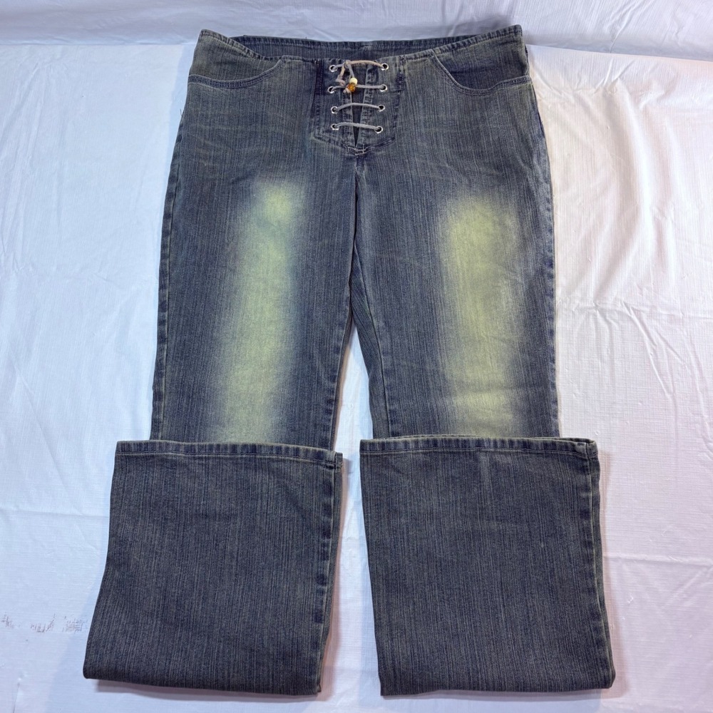 Joujou 355 Vintage Y2K Lace Up Flare Jeans Blue Yellow Sandblast Size 9/10